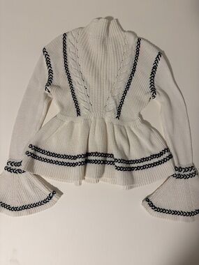 Self-Portrait White Knit Peplum Sweater with Black Trim